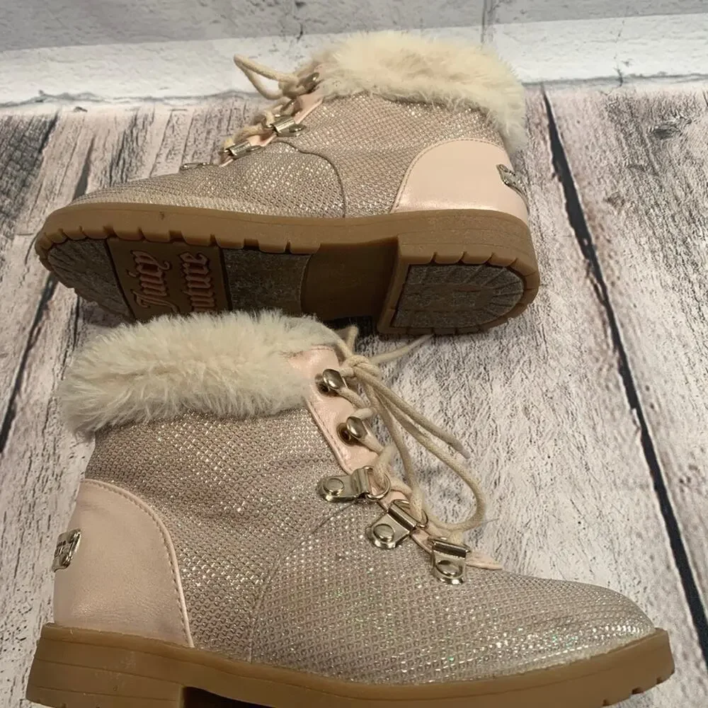 JUICY COUTURE Girl’s Lil Huntington Pink Glitter Boots with Fur Trim / Size: 10M